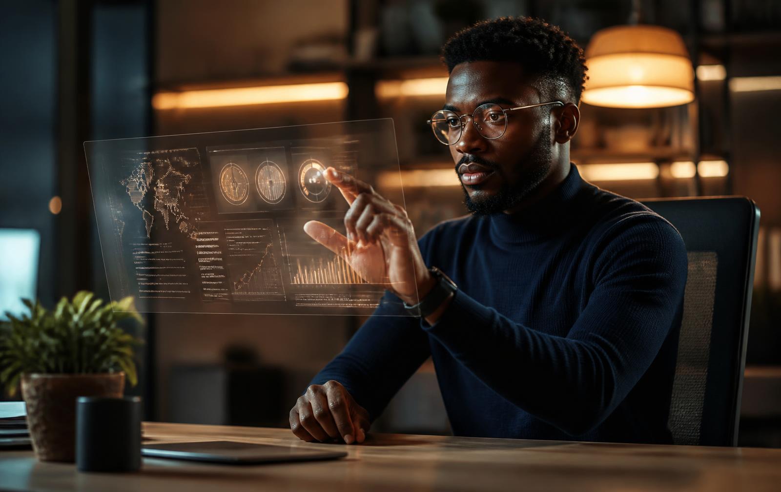Professionnel africain travaillant sur une interface de données lumineuse dans un bureau contemporain