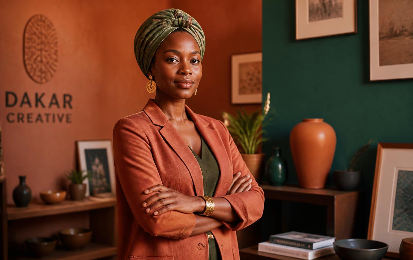 Entrepreneure sénégalaise dans un studio créatif de Dakar aux teintes terre de Sienne et émeraude