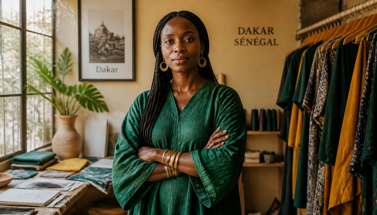 Fondatrice d'une marque de mode sénégalaise dans son atelier à Dakar, entourée de tissus et de portants
