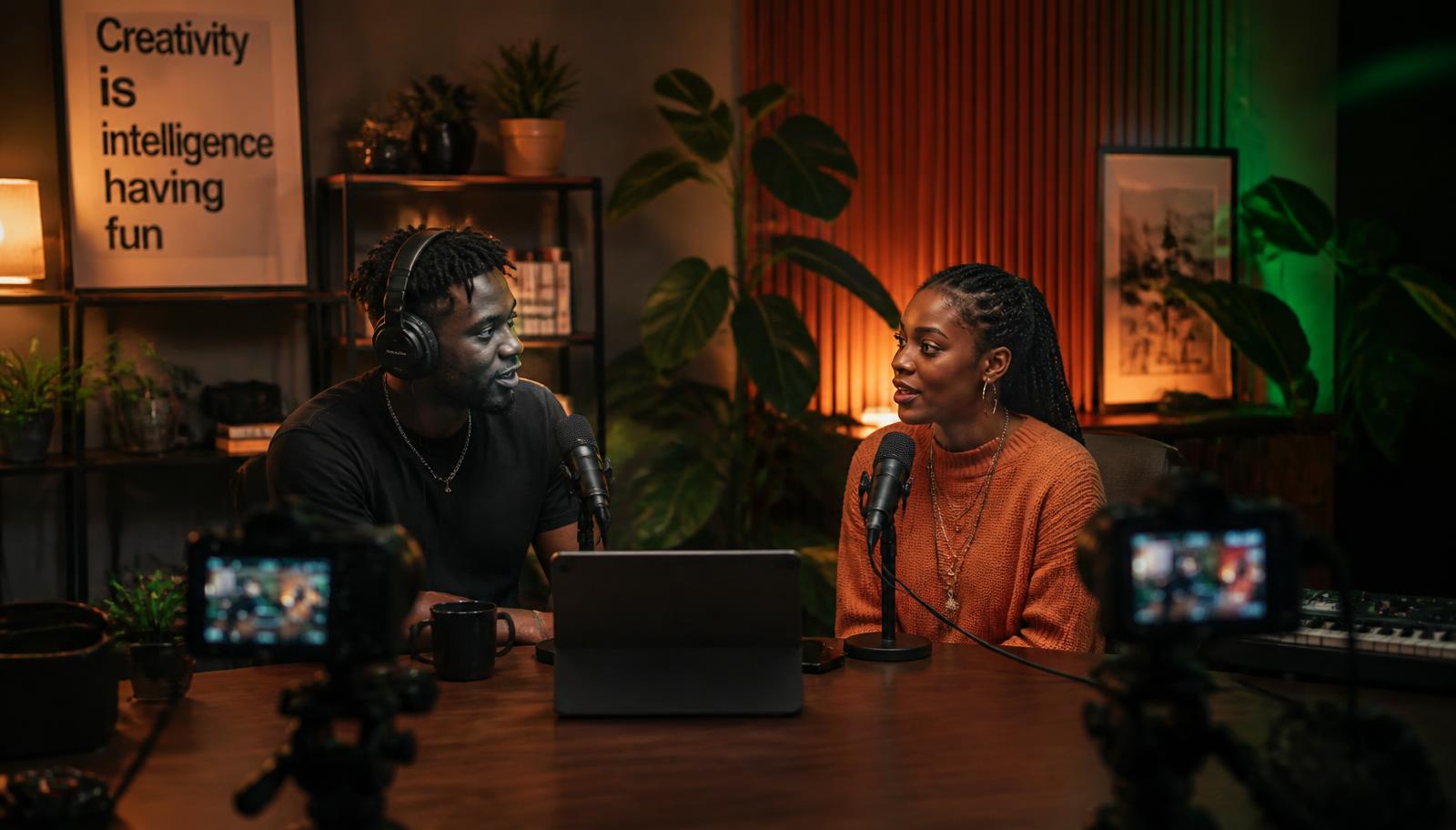 Deux créateurs africains enregistrant un podcast dans un studio moderne équipé de micros et de caméras